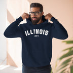 Man pulling up the hood of a Navy custom Illinois hoodie, white ILLINOIS above a Joliet IL line