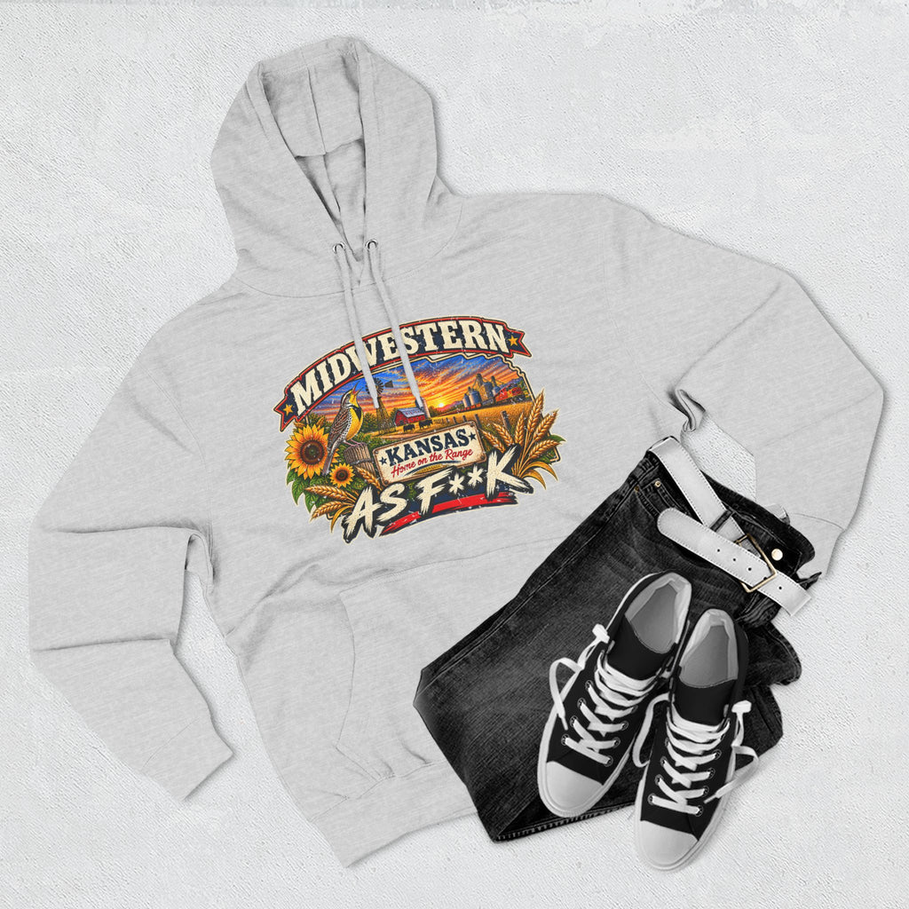 Heather grey Kansas As F**K hoodie flat-lay with jeans and sneakers