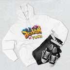 White hoodie styled flat lay with jeans, belt, and sneakers, graffiti Brooklyn As Fuck NYC skyline print.