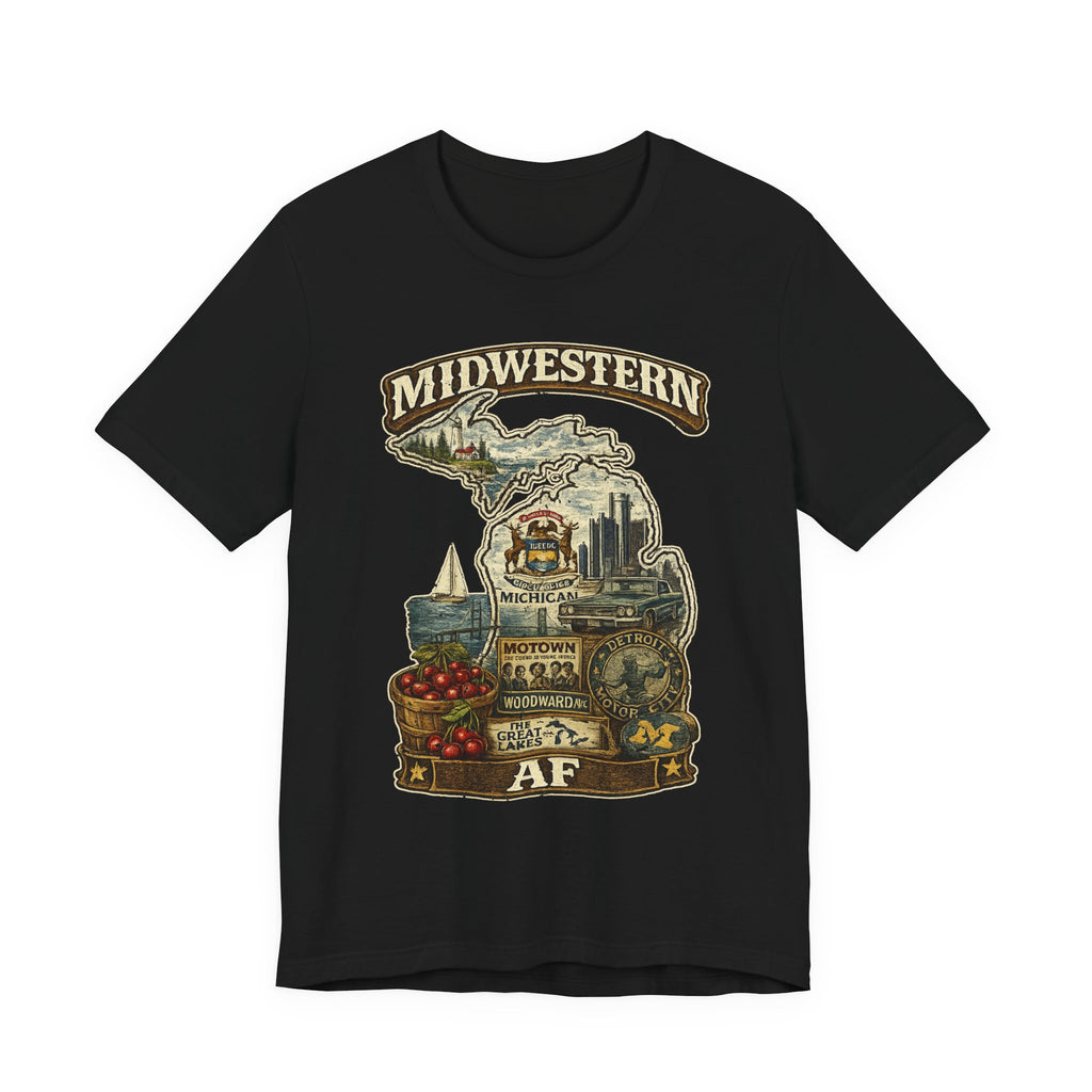 Family Friendly Midwestern AF Michigan T-Shirt in Black – a distressed vintage design featuring Michigan's Upper and Lower Peninsulas overlaid with the state outline, surrounded by Detroit's skyline, Woodward Avenue, the Great Lakes, and Traverse City cherries