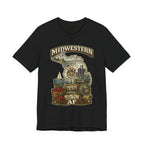 Family Friendly Midwestern AF Michigan T-Shirt in Black – a distressed vintage design featuring Michigan's Upper and Lower Peninsulas overlaid with the state outline, surrounded by Detroit's skyline, Woodward Avenue, the Great Lakes, and Traverse City cherries