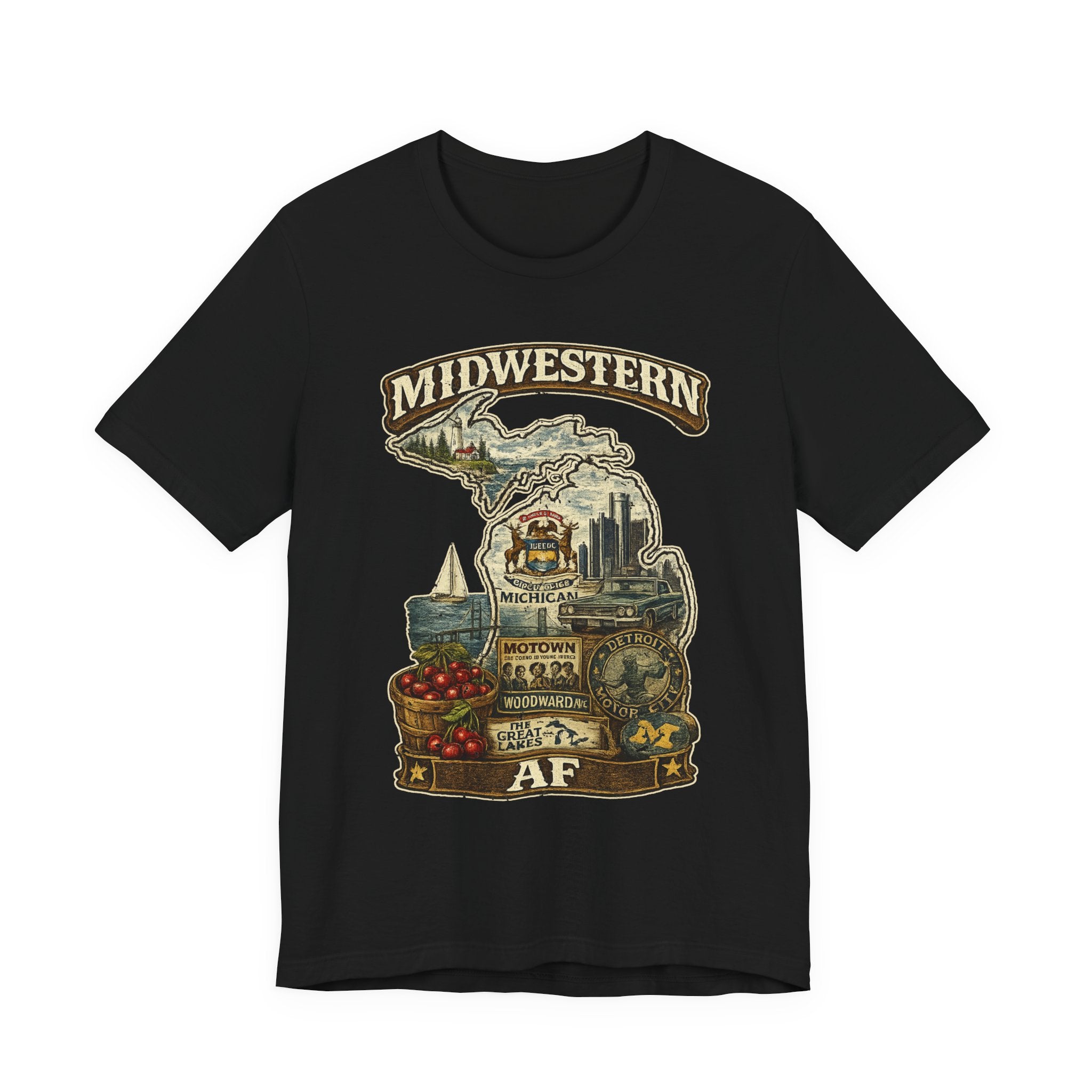 Family Friendly Midwestern AF Michigan T-Shirt in Black – a distressed vintage design featuring Michigan's Upper and Lower Peninsulas overlaid with the state outline, surrounded by Detroit's skyline, Woodward Avenue, the Great Lakes, and Traverse City cherries