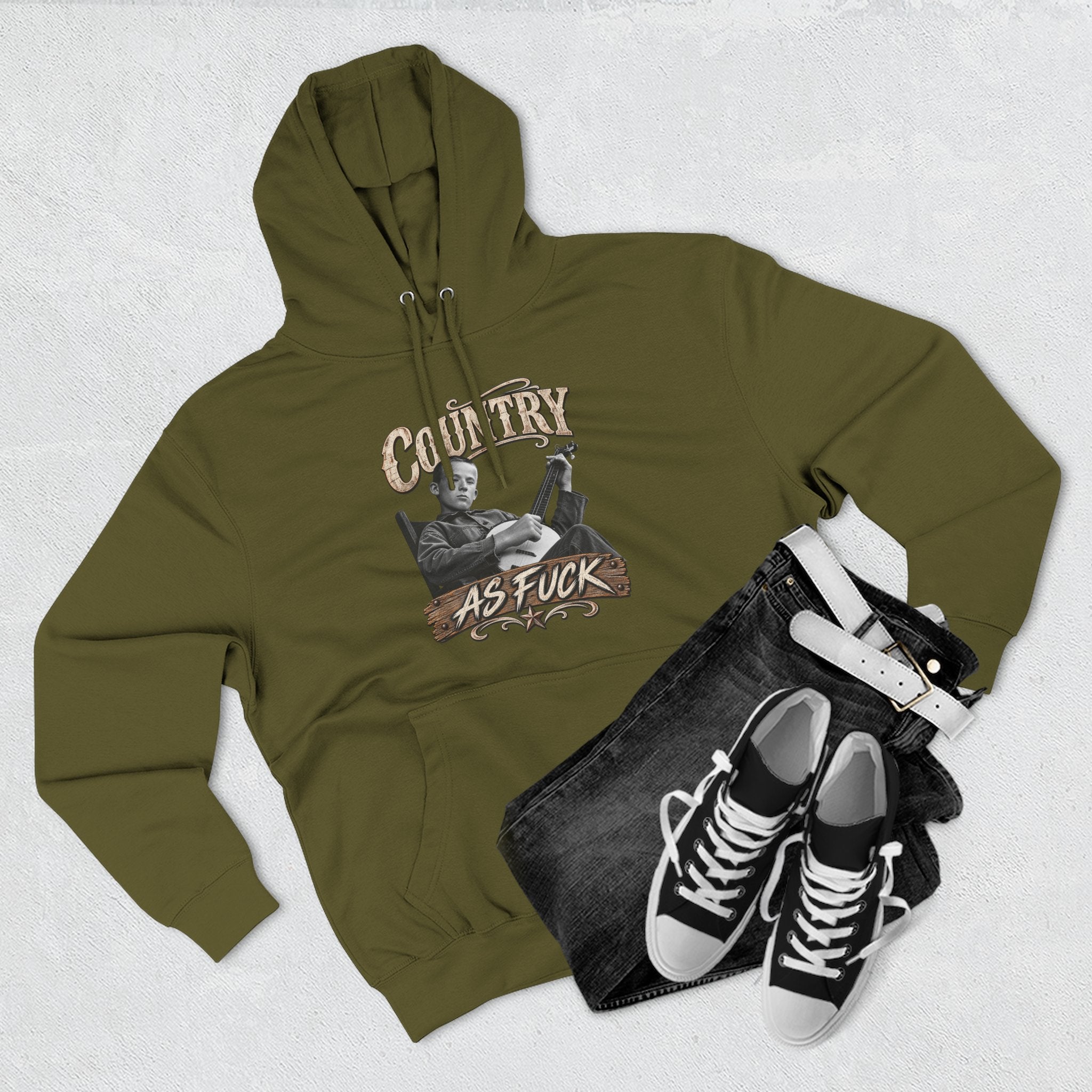 Army Green Country As Fuck hoodie styled flat with black high-top sneakers