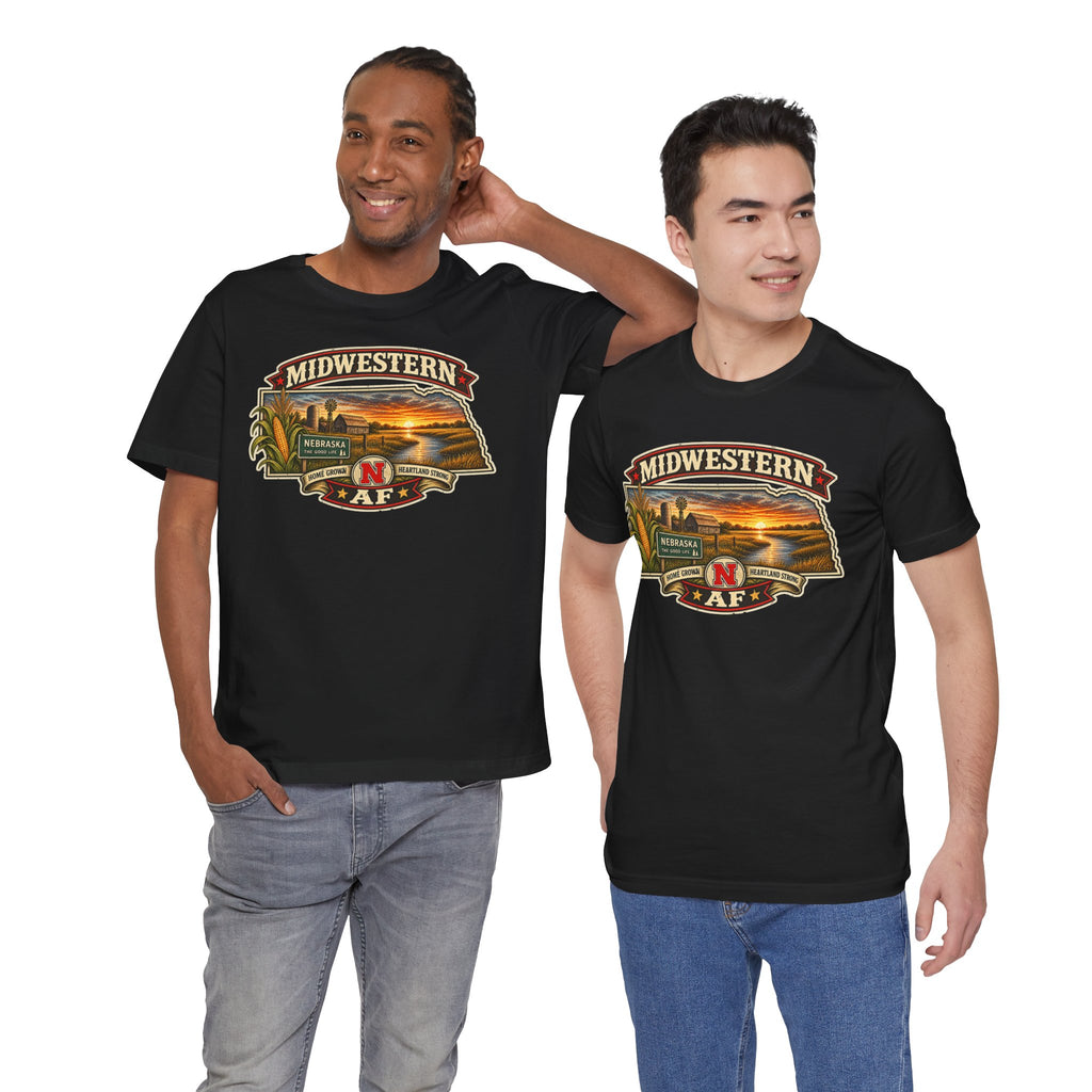 Two men wearing black Nebraska T-shirts with the Midwestern AF front graphic