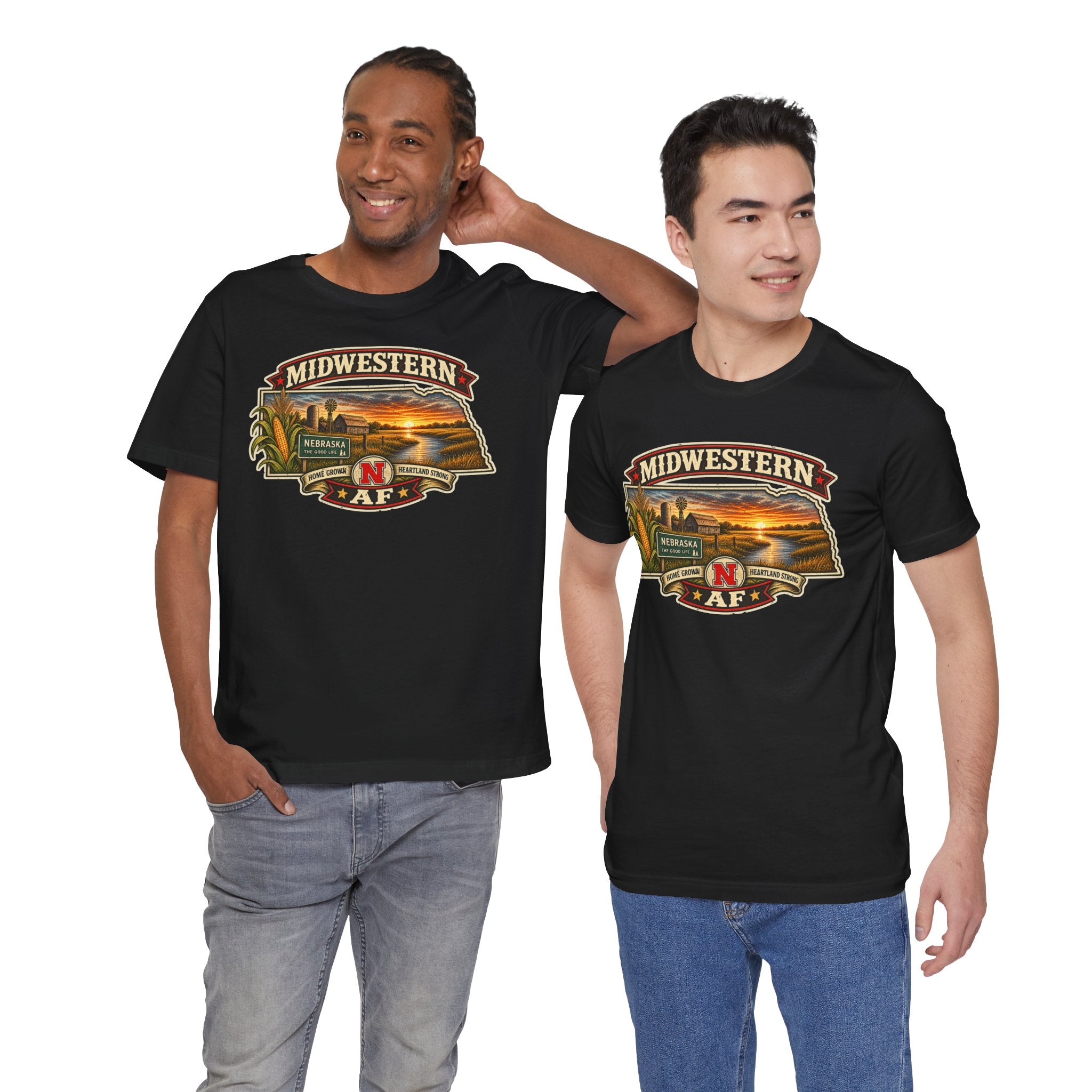 Two men wearing black Nebraska T-shirts with the Midwestern AF front graphic