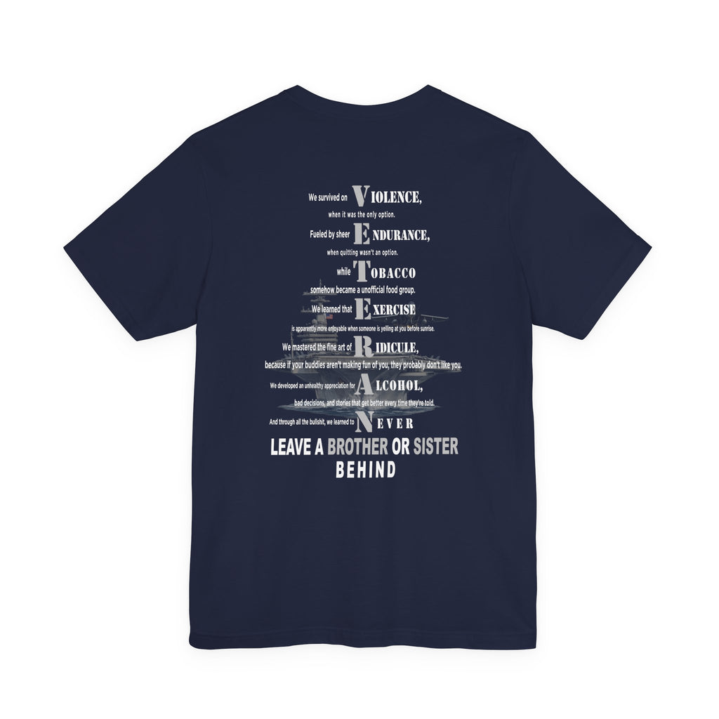 Navy veteran tee in Navy with the VETERAN acrostic back print over a faded aircraft carrier