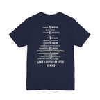 Navy veteran tee in Navy with the VETERAN acrostic back print over a faded aircraft carrier