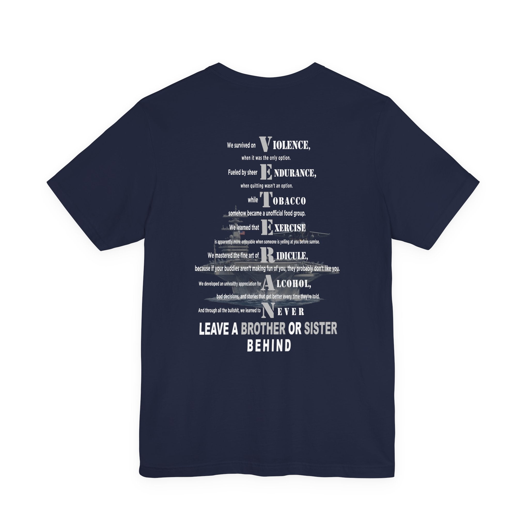 Navy veteran tee in Navy with the VETERAN acrostic back print over a faded aircraft carrier