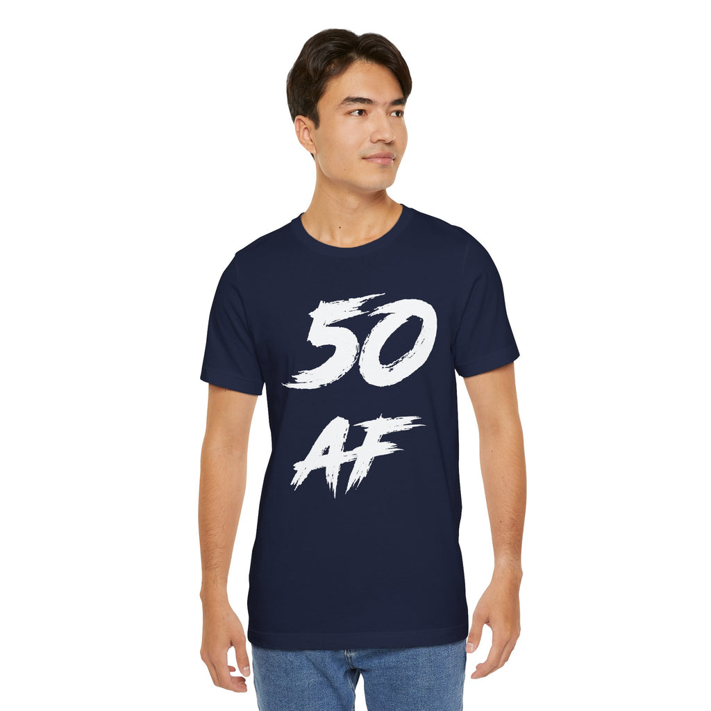 Man wearing the navy 50 AF birthday t-shirt, front view