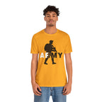 Man wearing the gold Army AF tee, soldier silhouette striding through the ARMY lettering