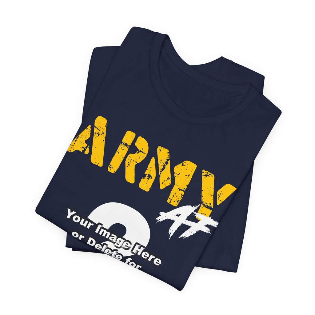 Personalized U.S. Army AF T-shirt in Navy shown folded, with gold ARMY lettering