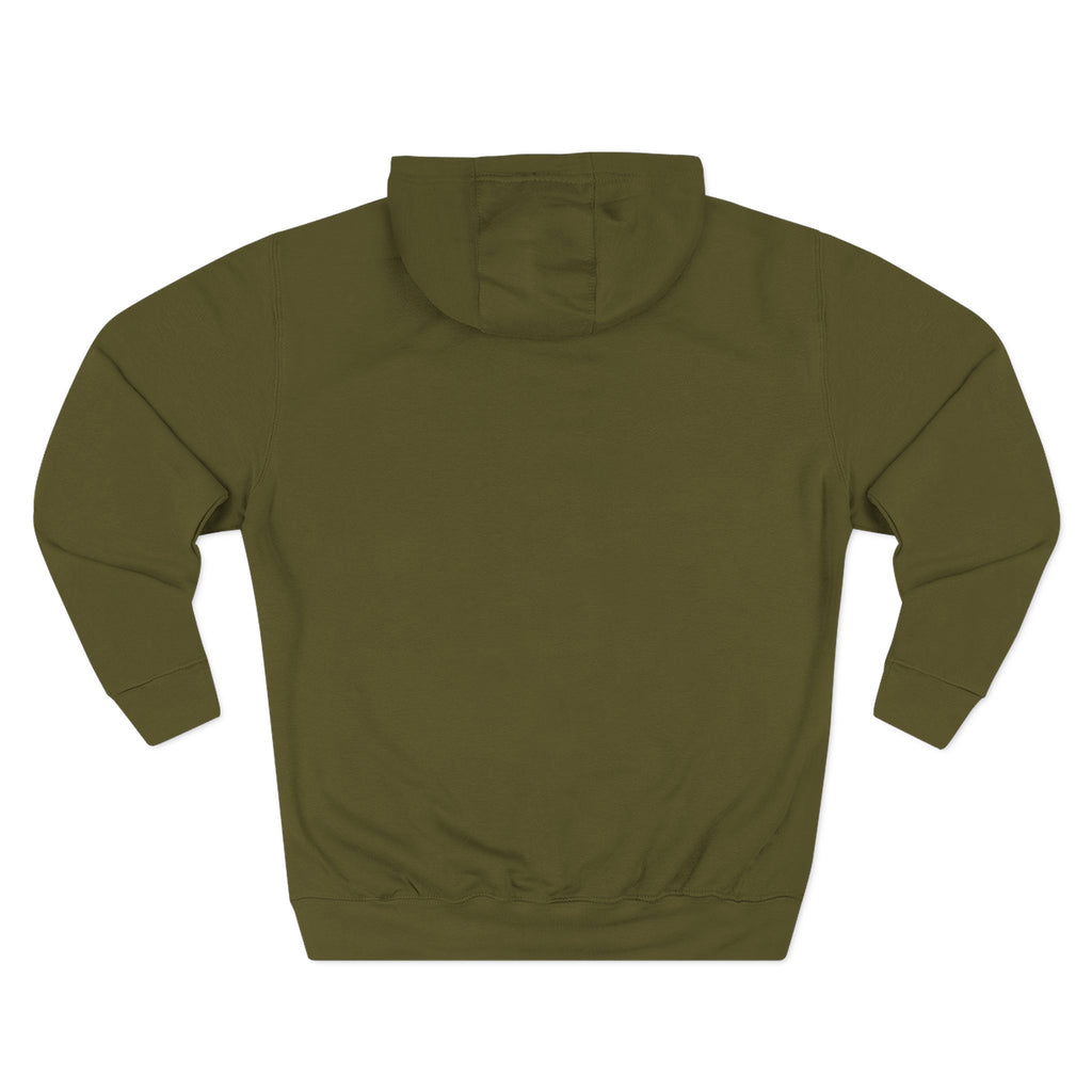 Army green hoodie flat lay, back view showing the plain back and hood with no print visible.
