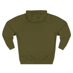 Army green hoodie flat lay, back view showing the plain back and hood with no print visible.