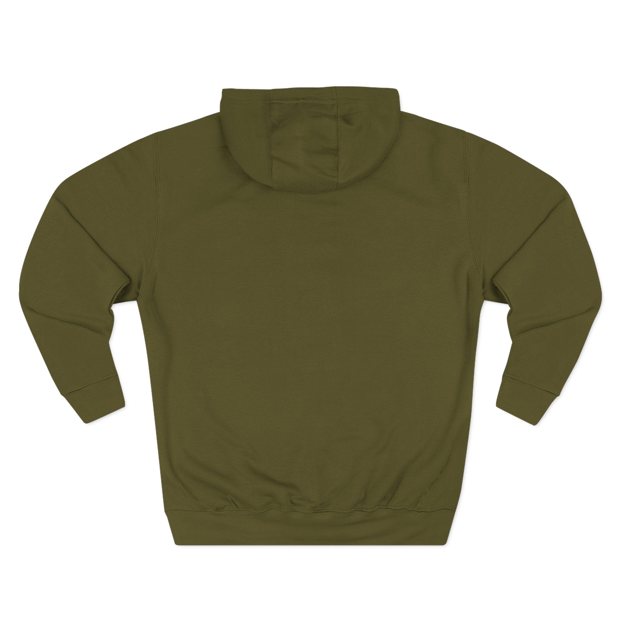 Army green hoodie flat lay, back view showing the plain back and hood with no print visible.