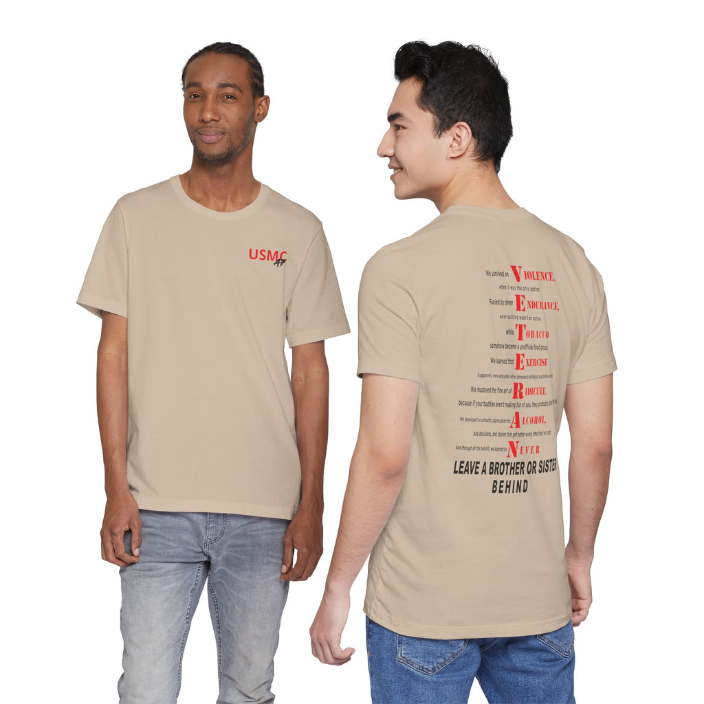 Two men wearing the Marine Corps veteran T-shirt in Tan, showing the front and back prints