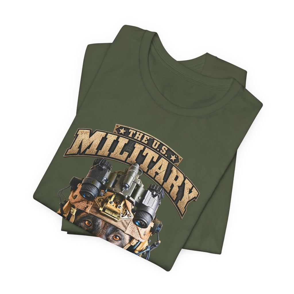 Military K-9 T-shirt in Military Green shown folded with the working dog print