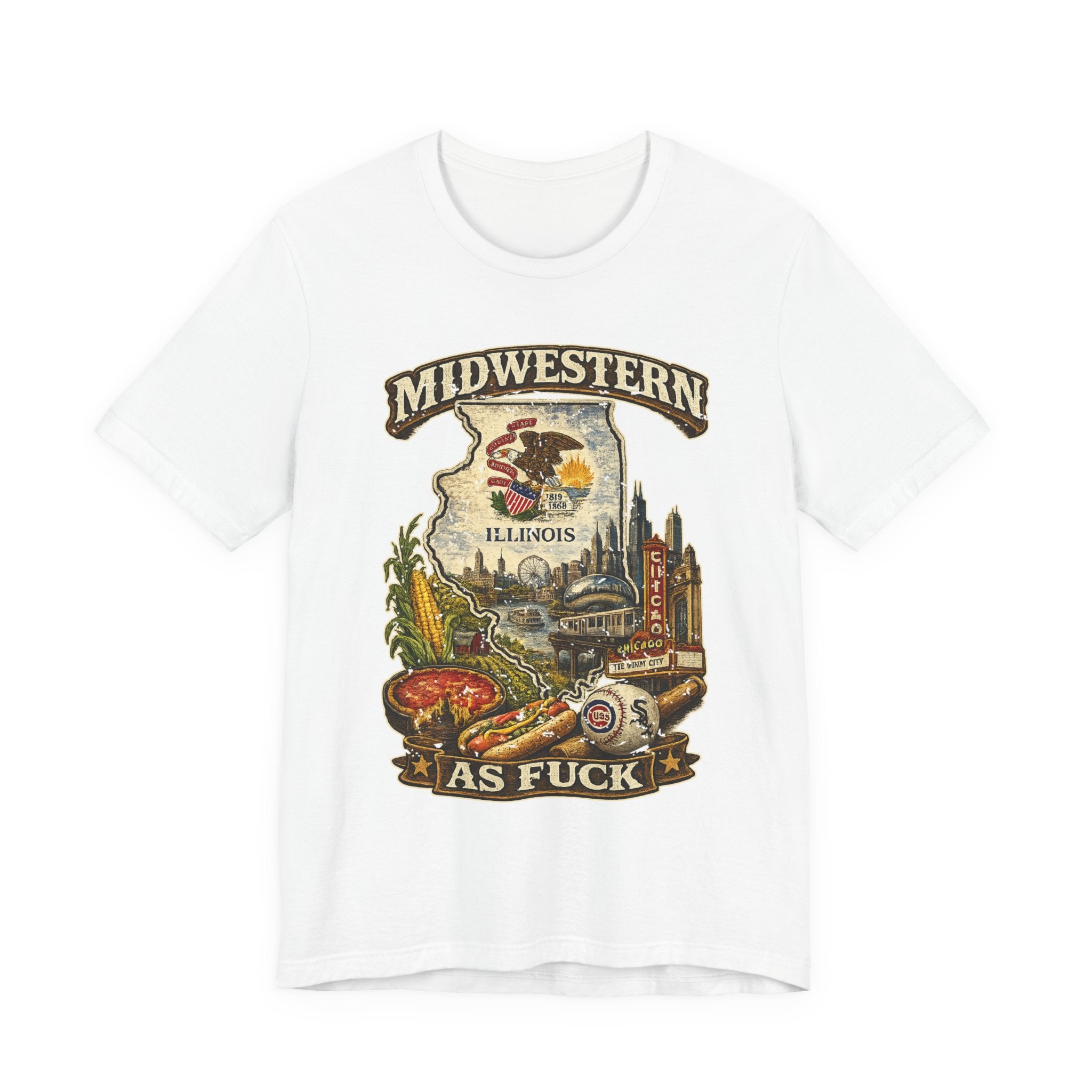 Midwestern As Fuck Illinois T-Shirt in White – a distressed vintage design featuring the Illinois state outline overlaid with the state flag, surrounded by the Chicago skyline, the Chicago Theatre sign, The Bean, deep-dish pizza, a Chicago-style hot dog, and towering corn fields