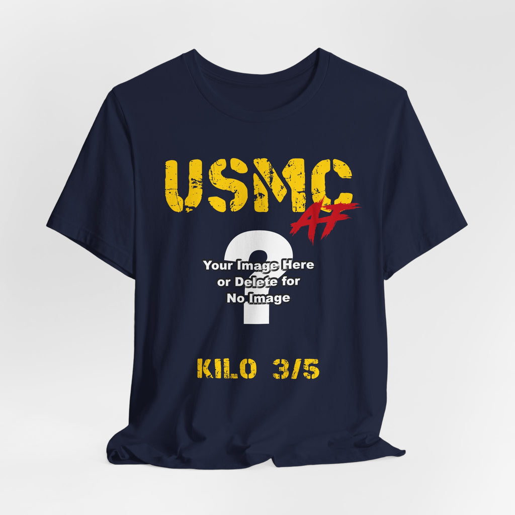 Personalized USMC Marine Corps AF T-shirt in Navy with gold USMC lettering, custom photo area and unit text