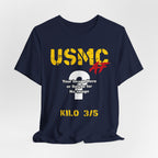 Personalized USMC Marine Corps AF T-shirt in Navy with gold USMC lettering, custom photo area and unit text