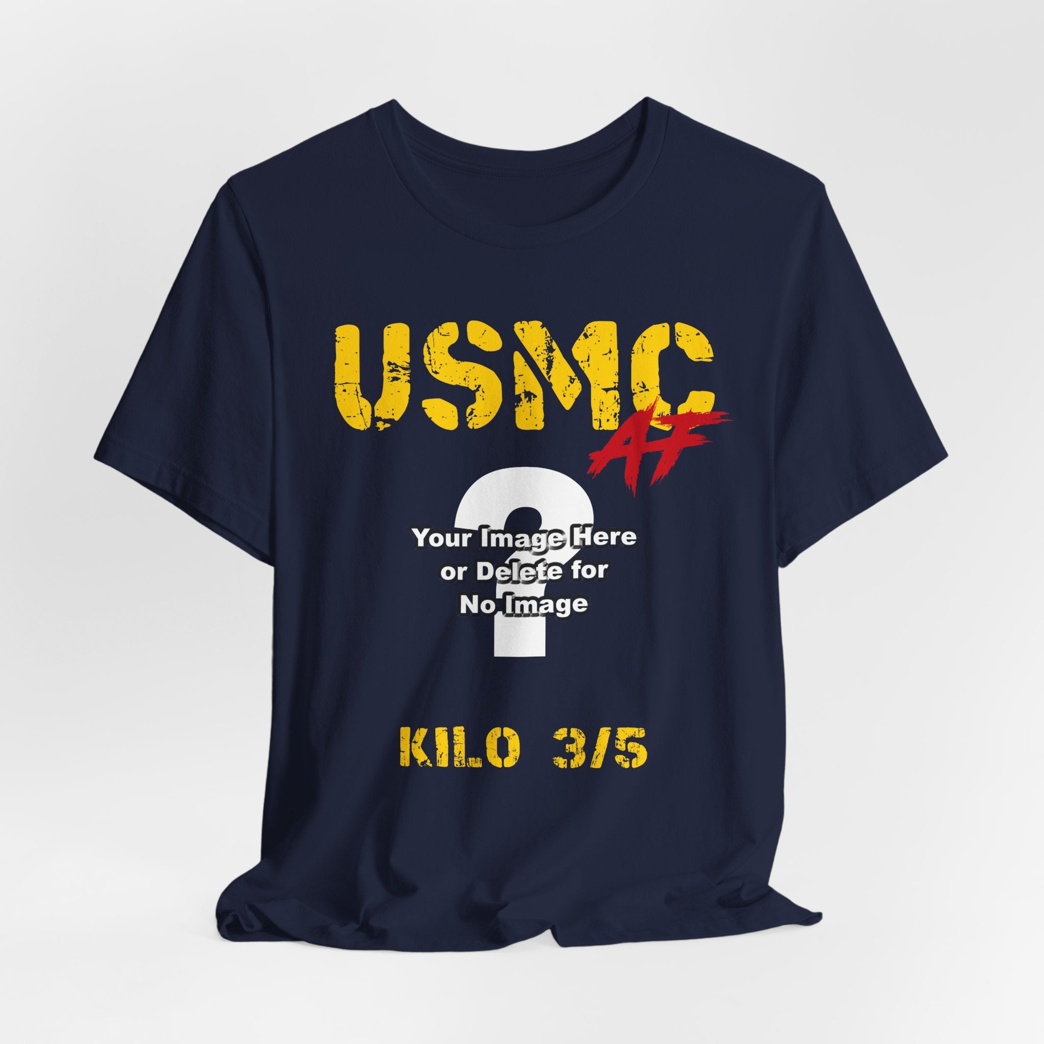 Personalized USMC Marine Corps AF T-shirt in Navy with gold USMC lettering, custom photo area and unit text