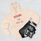 Personalized USMC Marine Corps AF hoodie in Sandshell styled flat with denim shorts and sneakers, red lettering