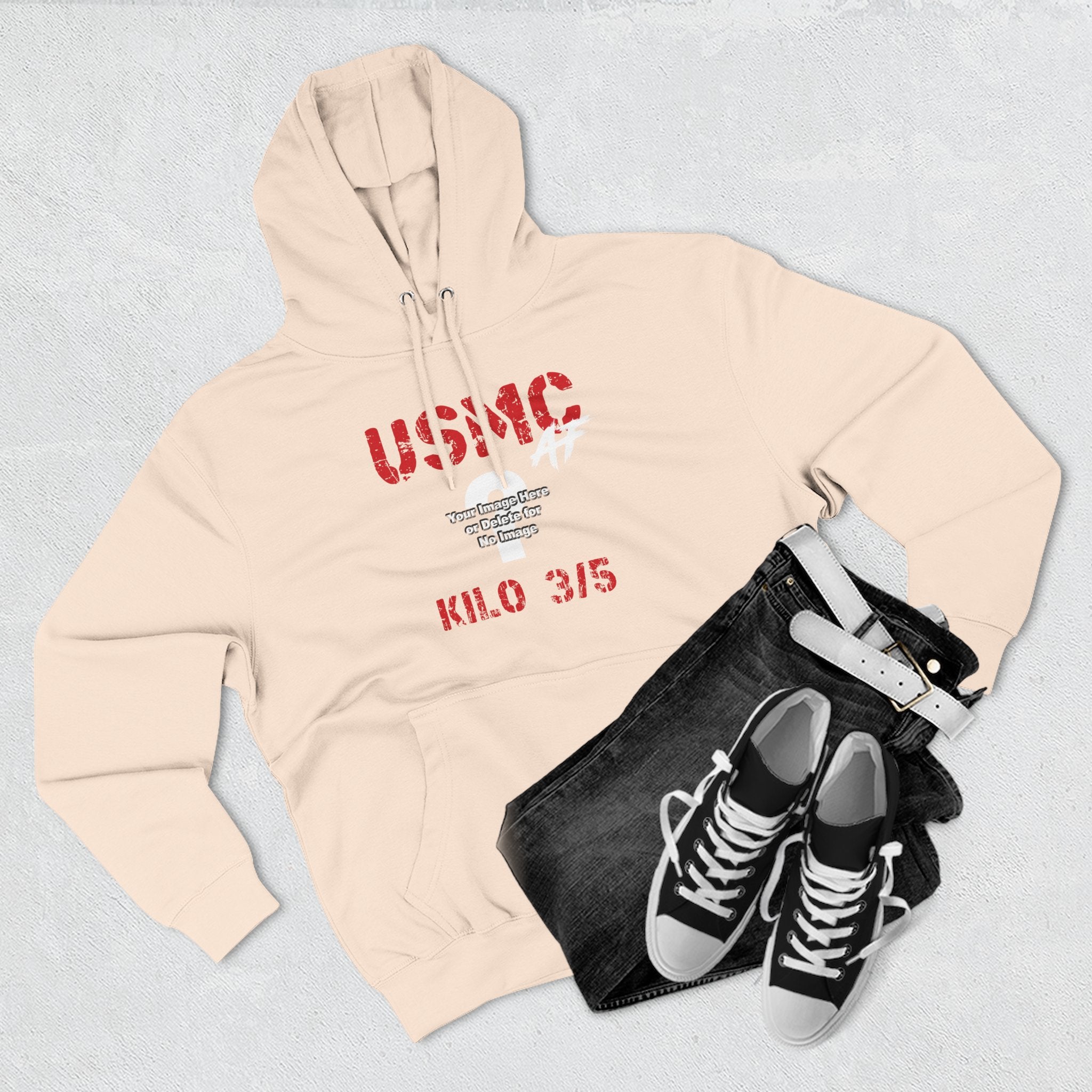 Personalized USMC Marine Corps AF hoodie in Sandshell styled flat with denim shorts and sneakers, red lettering
