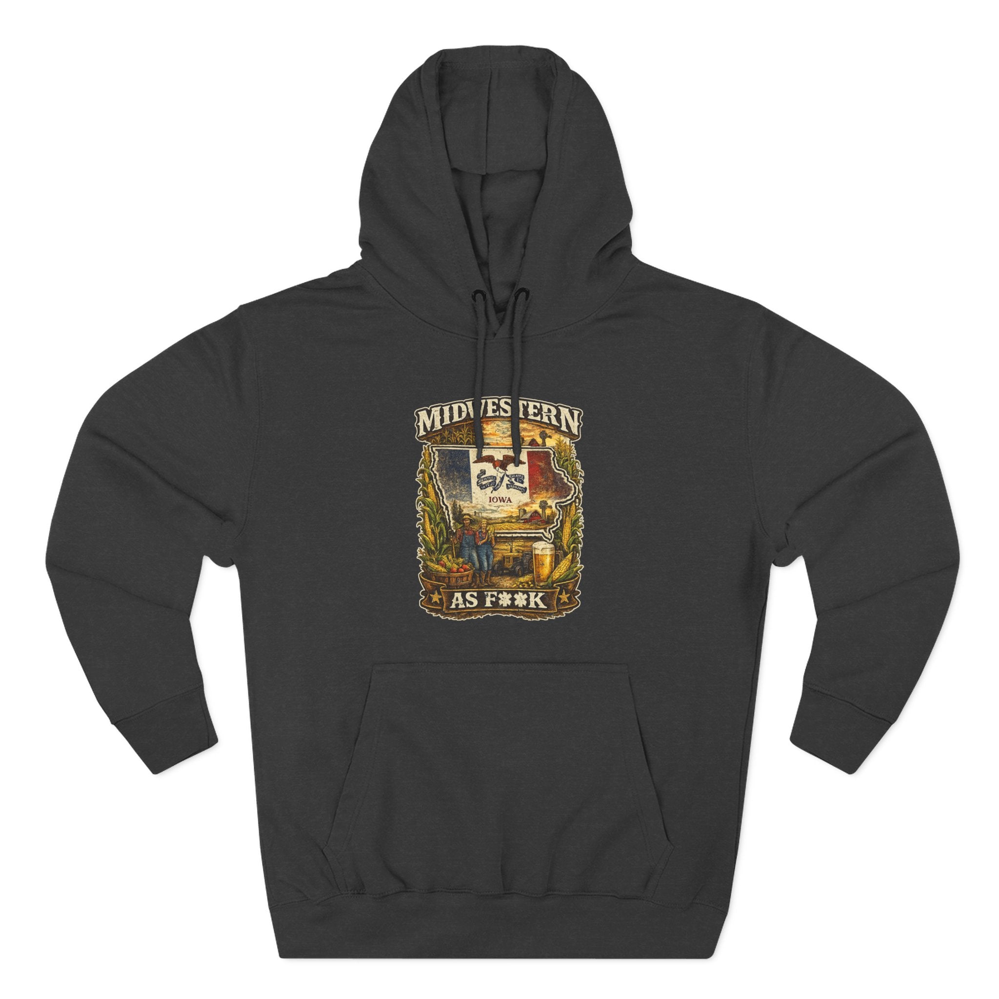 Slightly Salty Midwestern As F**K Iowa Hoodie in Charcoal Heather – a distressed vintage design featuring the outline of Iowa overlaid with the Iowa state flag, surrounded by towering corn stalks, rolling farmland, a classic red barn, a windmill, a tractor, and an overflowing harvest basket