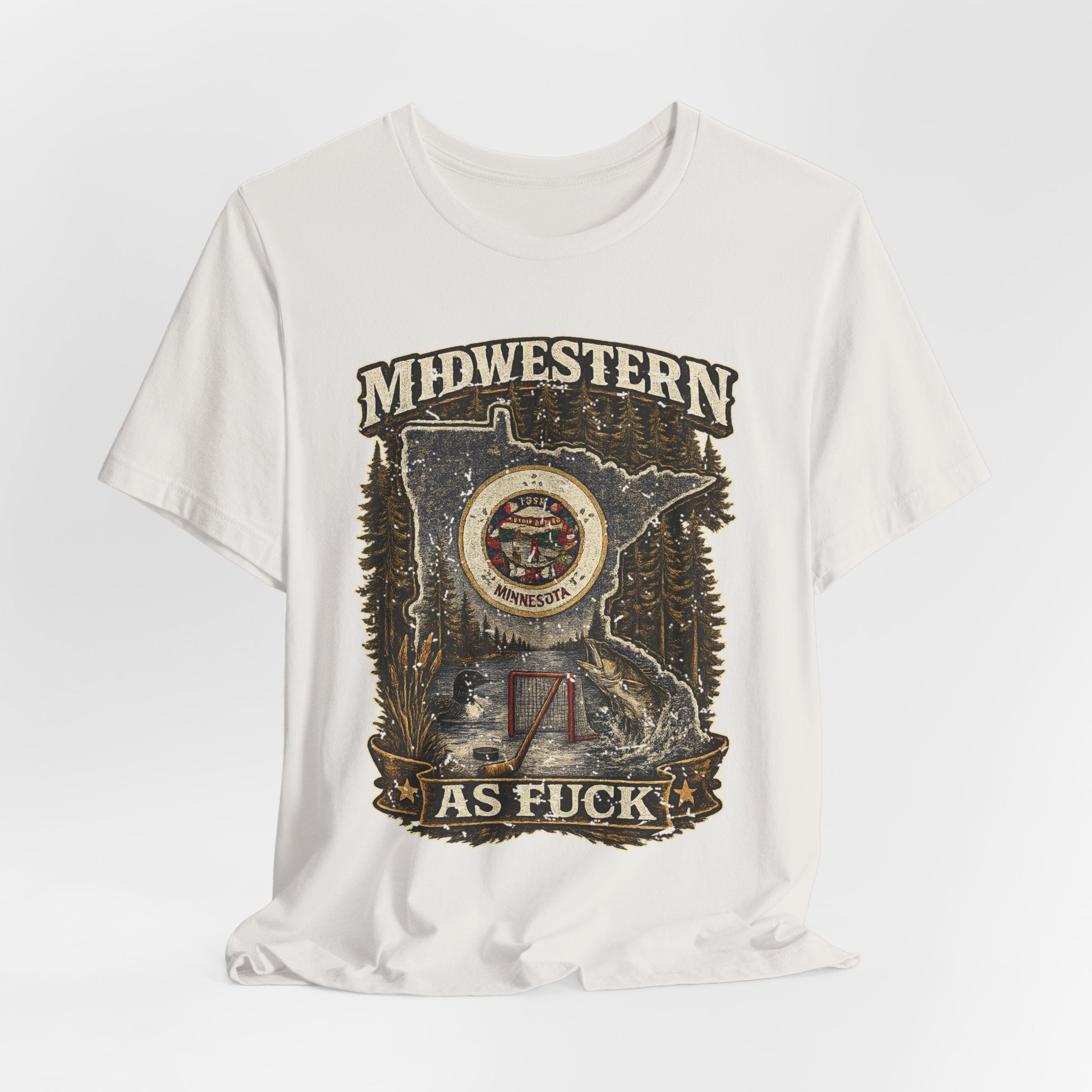 No Filter Midwestern As Fuck Minnesota T-Shirt – product photo 25 featuring the distressed state flag, pine trees, loon and walleye design
