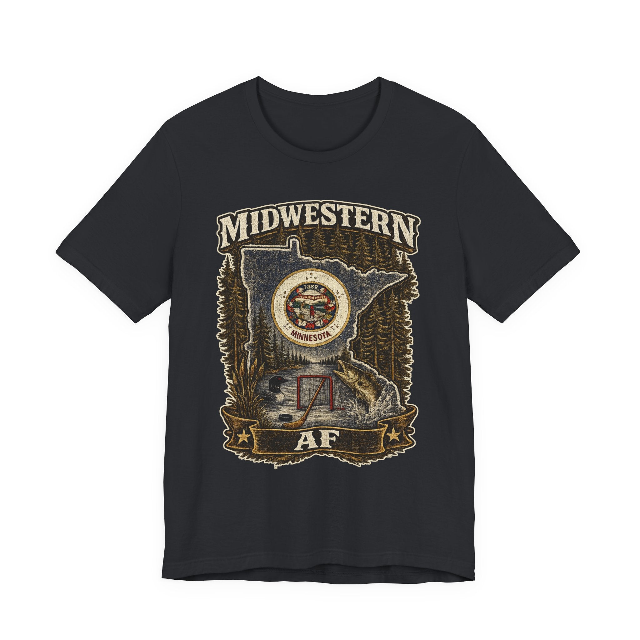 Family Friendly Midwestern AF Minnesota T-Shirt in Vintage Black – distressed Minnesota state flag design with pine trees, loon and walleye