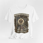 No Filter Midwestern As Fuck Minnesota T-Shirt – product photo 22 featuring the distressed state flag, pine trees, loon and walleye design