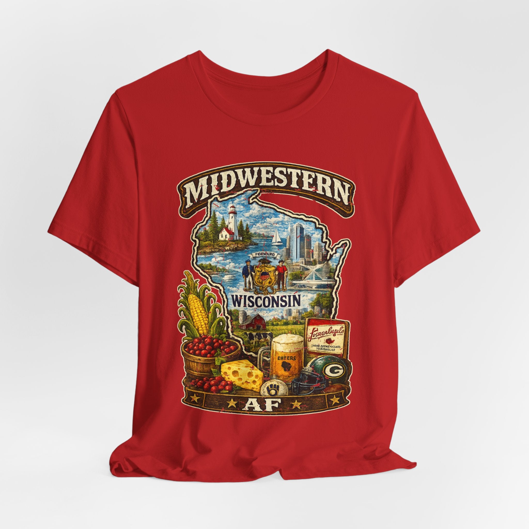 Midwestern AF Wisconsin T-Shirt | Funny Wisconsin Pride Tee | Bella + Canvas 3001 | Family Friendly Cheesehead State Shirt
