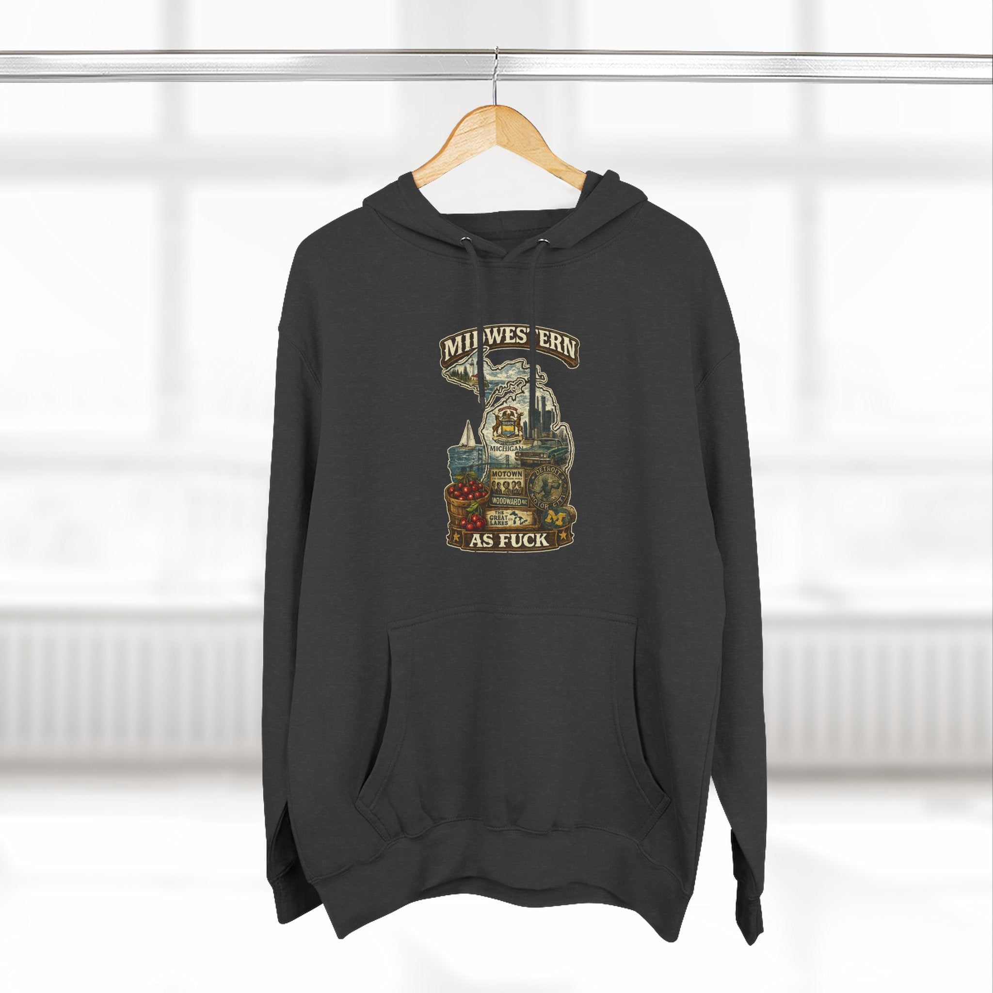 Midwestern As Fuck Michigan Hoodie – product photo 16 featuring a distressed vintage design featuring Michigan's Upper and Lower Peninsulas overlaid with the state outline, surrounded by Detroit's skyline, Woodward Avenue, the Great Lakes, and Traverse City cherries