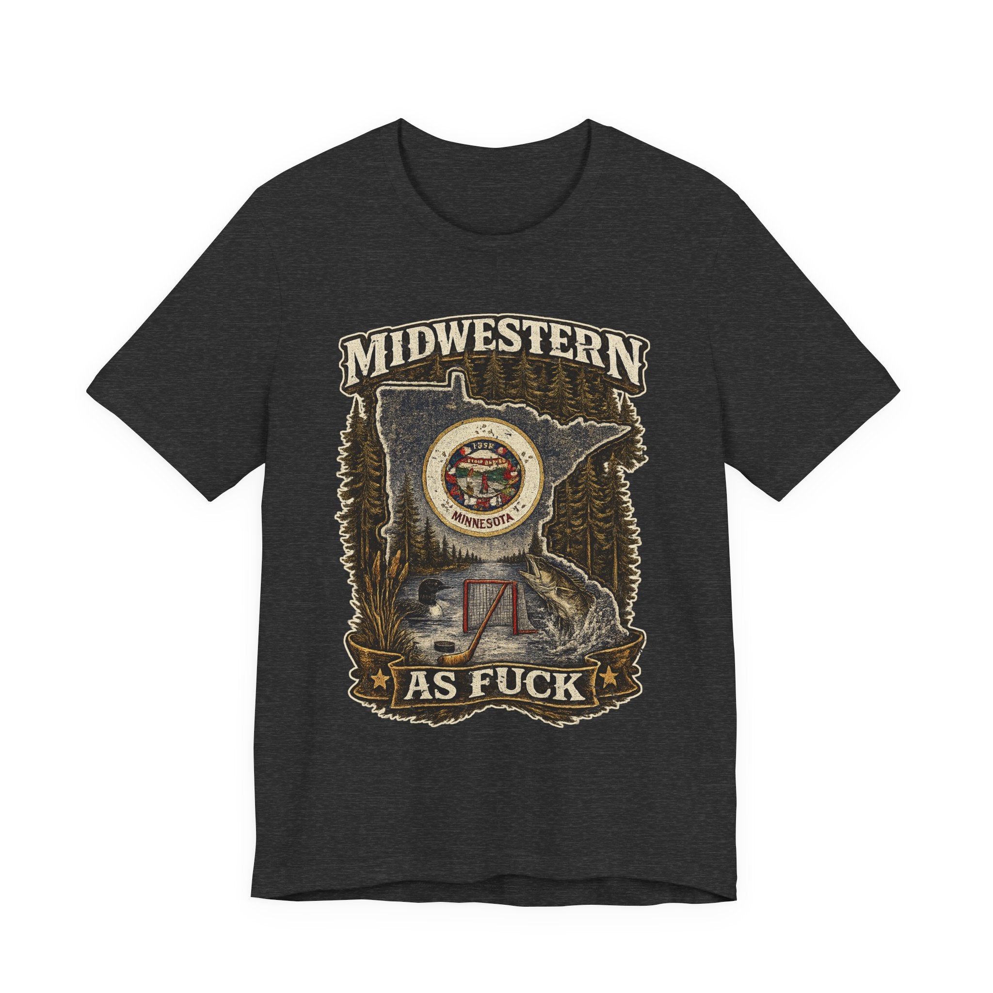 No Filter Midwestern As Fuck Minnesota T-Shirt in Dark Grey Heather – distressed Minnesota state flag design with pine trees, loon and walleye