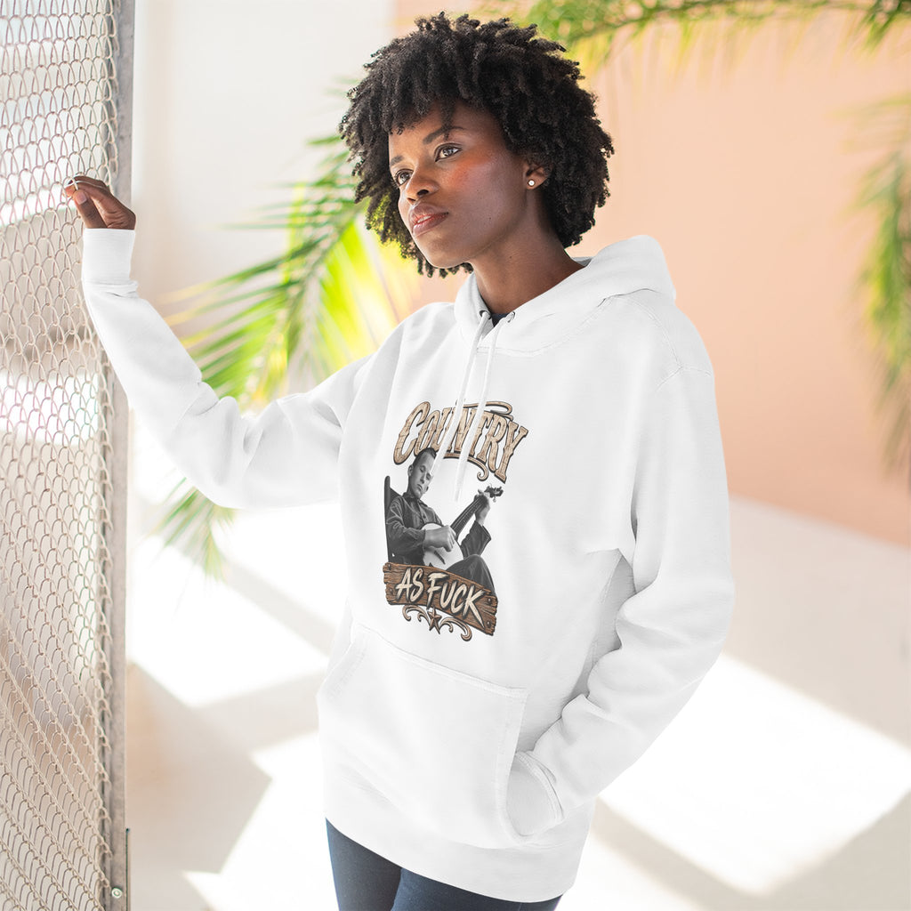 Woman at a sunlit window in the White Country As Fuck hoodie