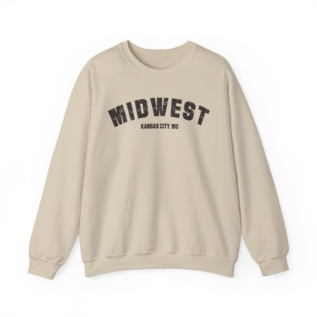 Midwest varsity sweatshirt in Sand laid flat, dark MIDWEST lettering above a custom Kansas City MO line