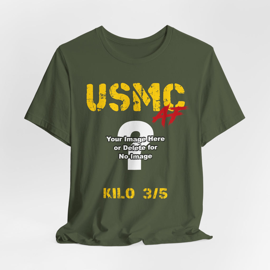 Personalized USMC Marine Corps AF T-shirt in Military Green with gold USMC lettering and a custom photo area