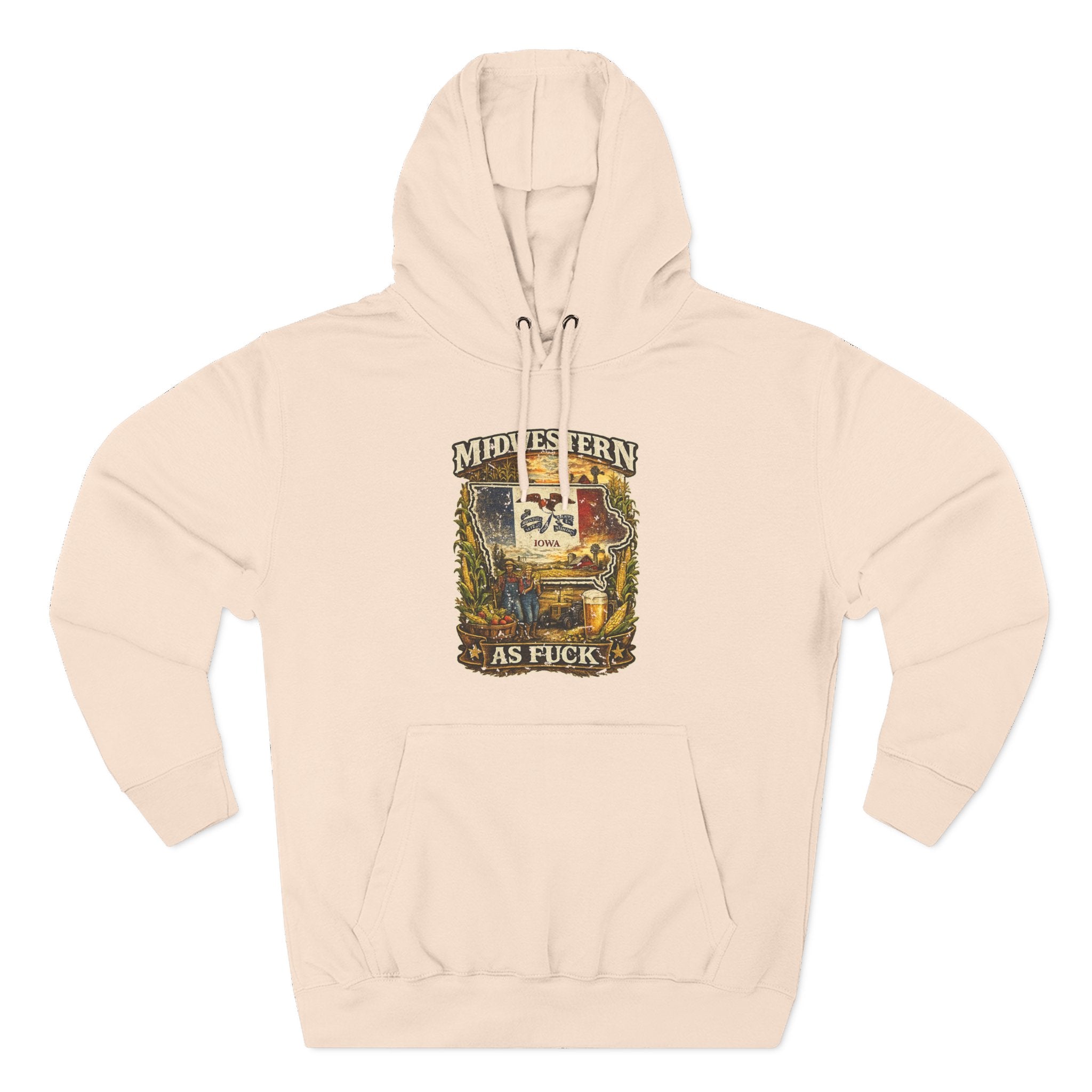 Midwestern As Fuck Iowa Hoodie in Pale Pink – a distressed vintage design featuring the outline of Iowa overlaid with the Iowa state flag, surrounded by towering corn stalks, rolling farmland, a classic red barn, a windmill, a tractor, and an overflowing harvest basket