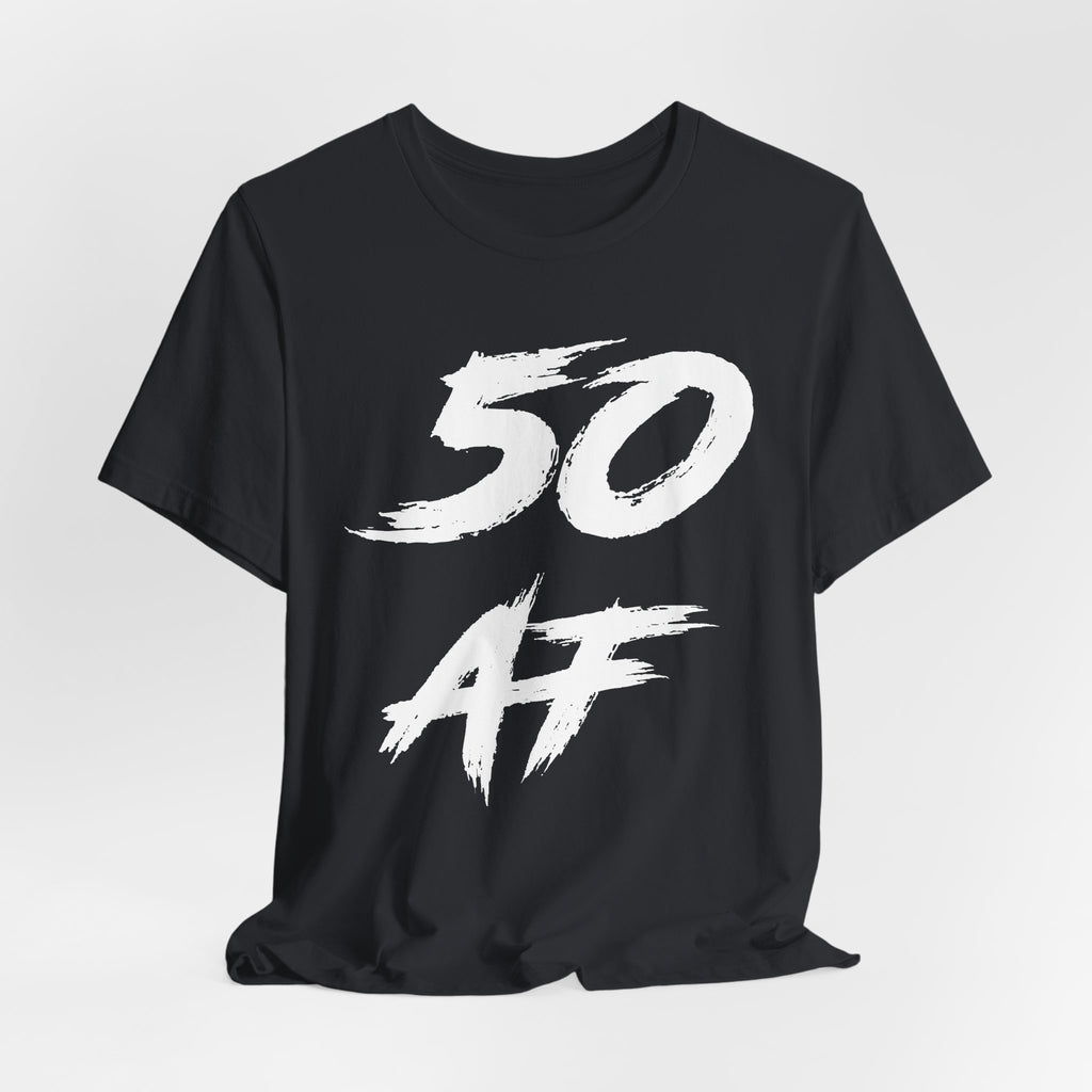 Vintage Black birthday t-shirt laid flat, white 50 AF brush graphic on the chest