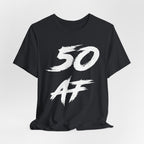 Vintage Black birthday t-shirt laid flat, white 50 AF brush graphic on the chest