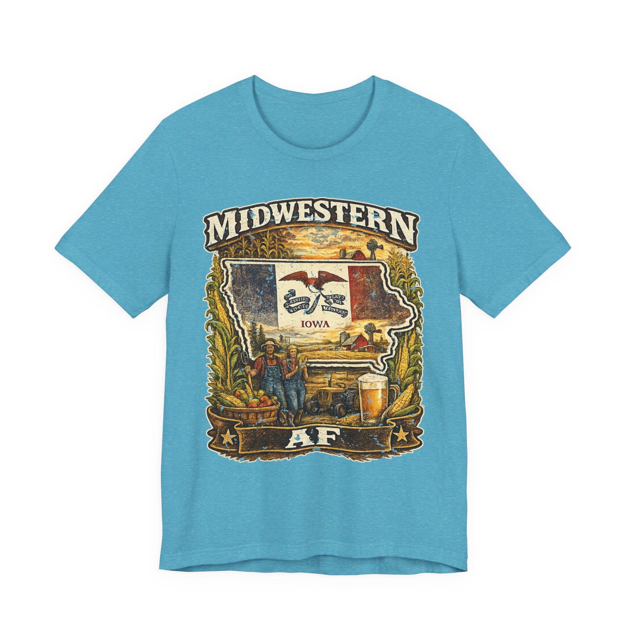 Family Friendly Midwestern AF Iowa T-Shirt in Heather Aqua – a distressed vintage design featuring the outline of Iowa overlaid with the Iowa state flag, surrounded by towering corn stalks, rolling farmland, a classic red barn, a windmill, a tractor, and an overflowing harvest basket