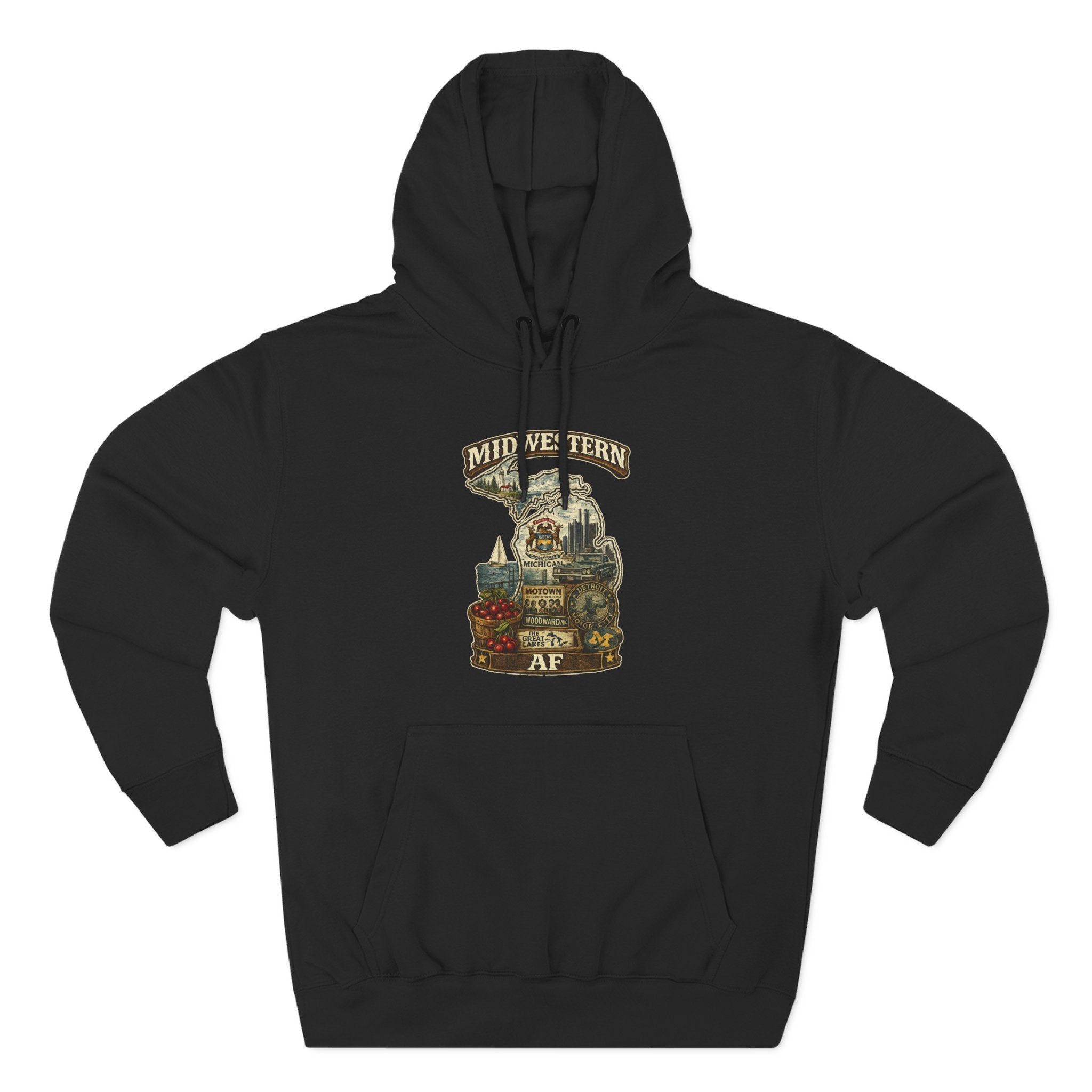 Family Friendly Midwestern AF Michigan Hoodie in Black – a distressed vintage design featuring Michigan's Upper and Lower Peninsulas overlaid with the state outline, surrounded by Detroit's skyline, Woodward Avenue, the Great Lakes, and Traverse City cherries
