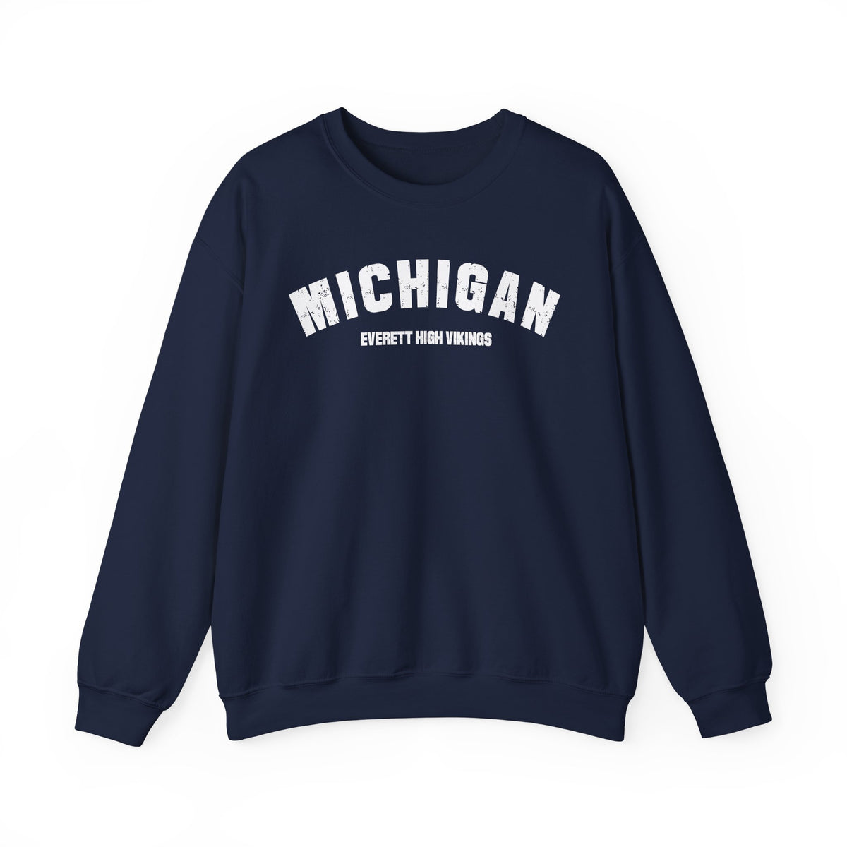 Personalized Michigan sweatshirt in navy, laid flat, varsity MICHIGAN over a custom EVERETT HIGH VIKINGS line
