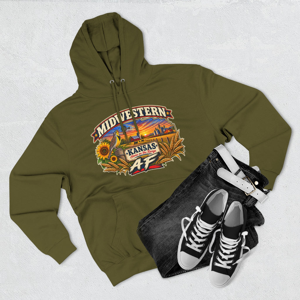 Army green Kansas AF hoodie flat-lay styled with dark jeans and sneakers