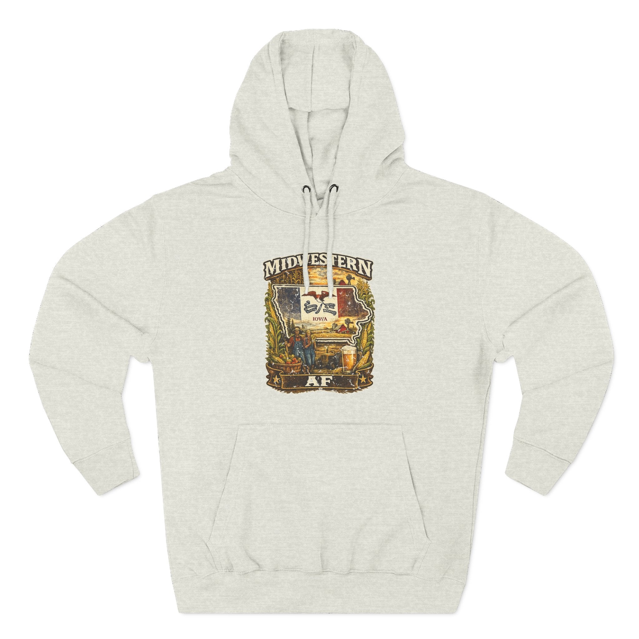 Family Friendly Midwestern AF Iowa Hoodie in Oatmeal Heather – a distressed vintage design featuring the outline of Iowa overlaid with the Iowa state flag, surrounded by towering corn stalks, rolling farmland, a classic red barn, a windmill, a tractor, and an overflowing harvest basket