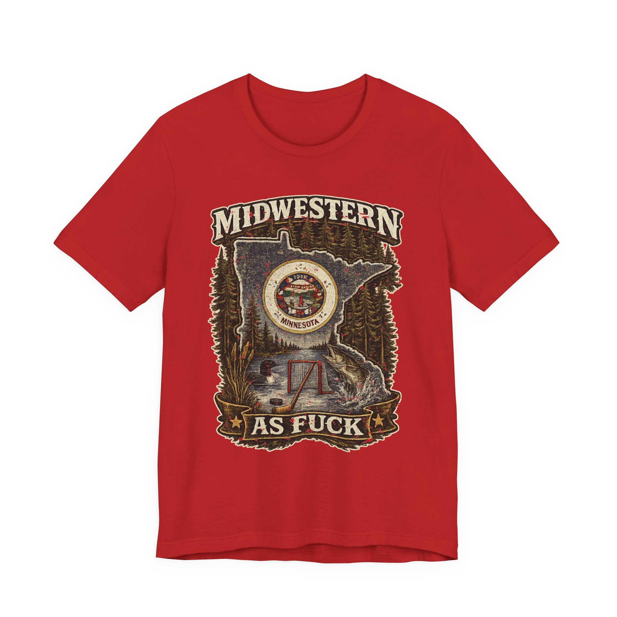 No Filter Midwestern As Fuck Minnesota T-Shirt in Red – distressed Minnesota state flag design with pine trees, loon and walleye