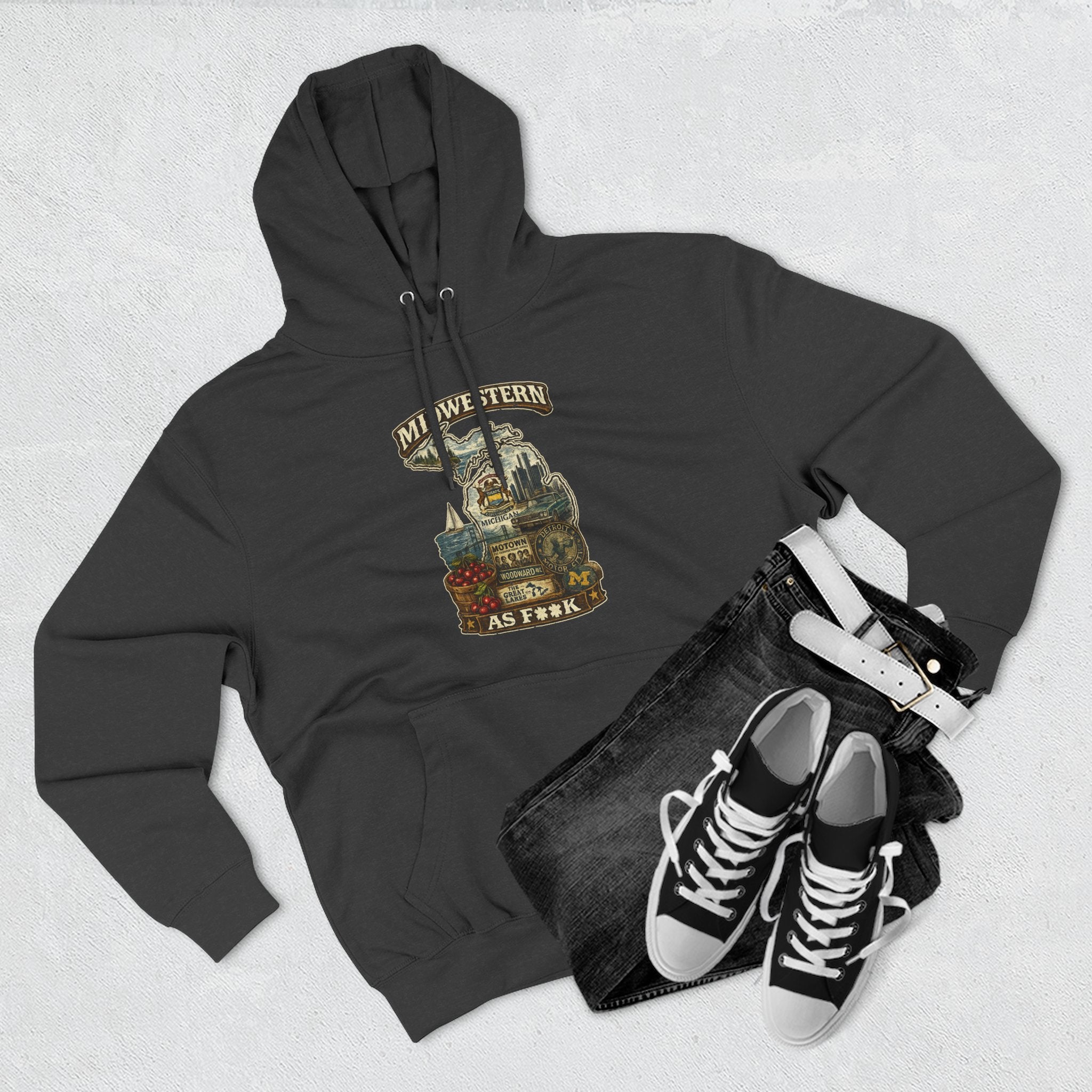 Slightly Salty Midwestern As F**K Michigan Hoodie – product photo 15 featuring a distressed vintage design featuring Michigan's Upper and Lower Peninsulas overlaid with the state outline, surrounded by Detroit's skyline, Woodward Avenue, the Great Lakes, and Traverse City cherries