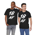 Two young men in black 18 AF birthday t-shirts, one with an arm raised