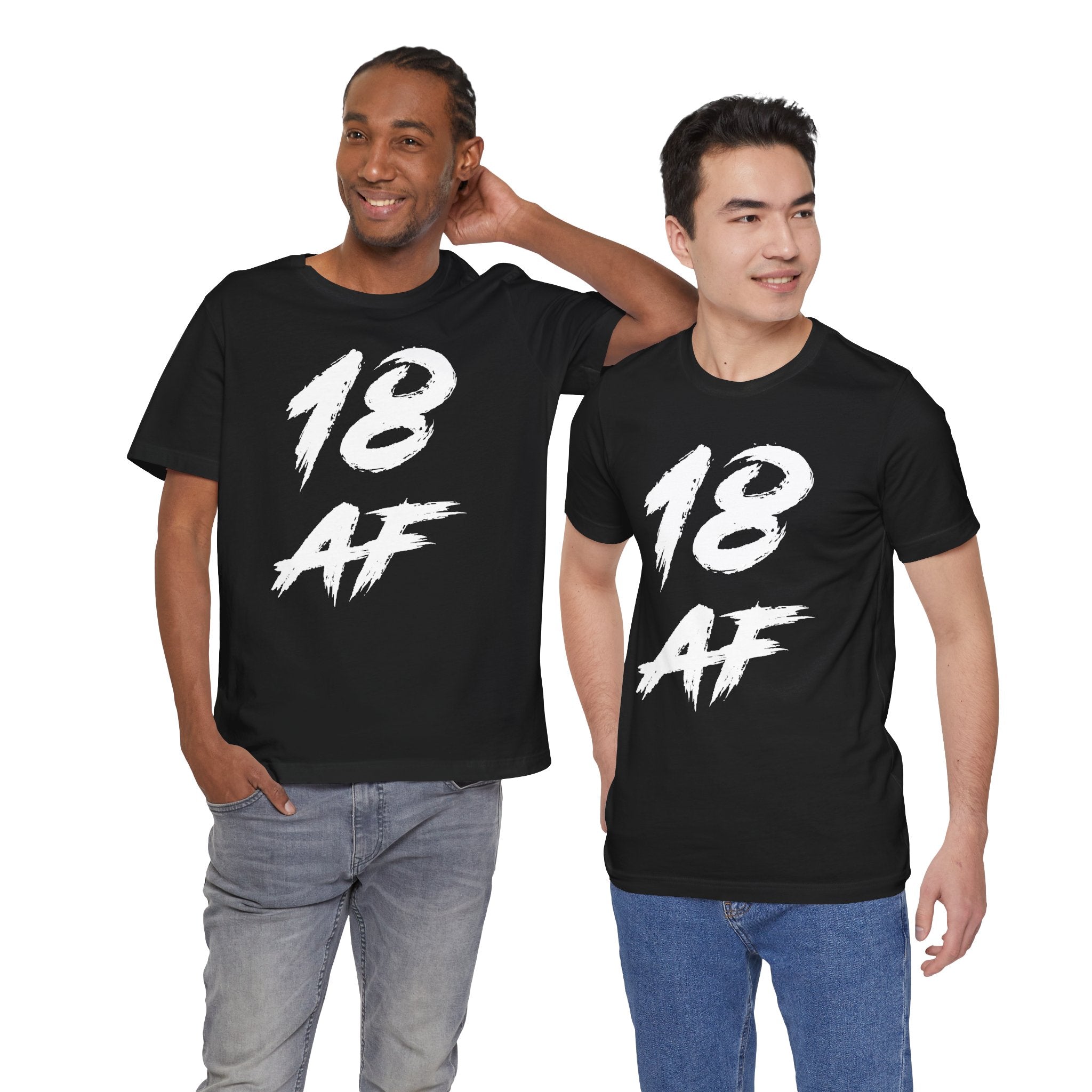 Two young men in black 18 AF birthday t-shirts, one with an arm raised