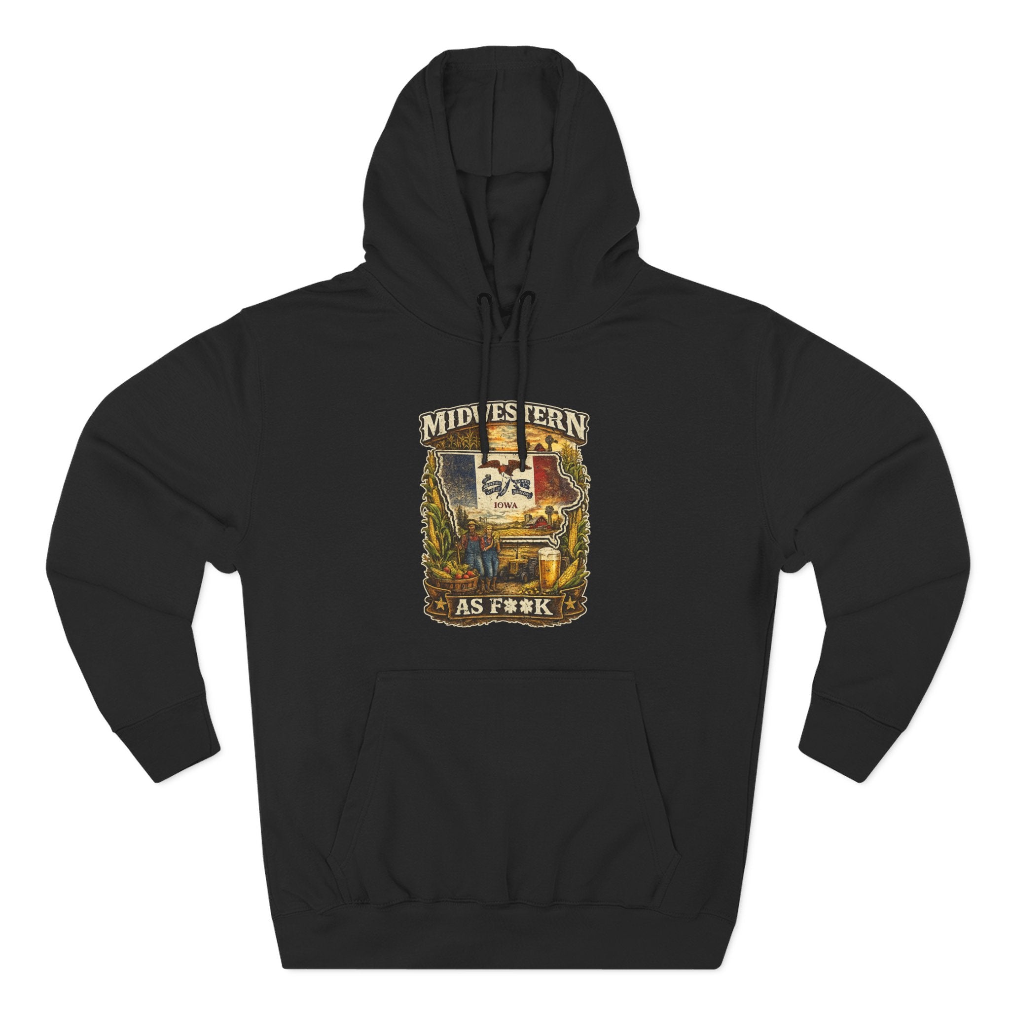 Slightly Salty Midwestern As F**K Iowa Hoodie in Black – a distressed vintage design featuring the outline of Iowa overlaid with the Iowa state flag, surrounded by towering corn stalks, rolling farmland, a classic red barn, a windmill, a tractor, and an overflowing harvest basket