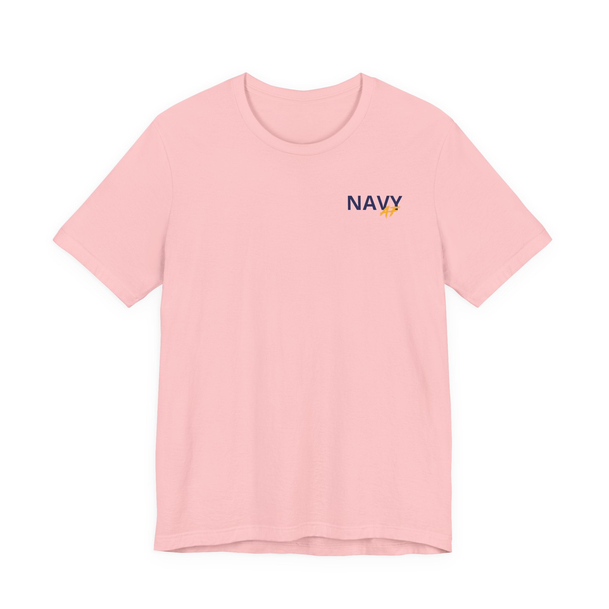 Navy veteran T-shirt in Pink laid flat with the personalized NAVY left-chest print